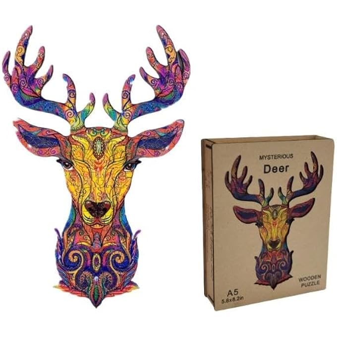 WOODEN JIGSAW PUZZLES, 3D WOODEN ANIMALS SHAPED PUZZLES, BEST GIFT FOR ADULTS AND KIDS DIY PUZZLE PIECE, COLORFUL UNIQUE SHAPED DEER PUZZLES A5-5.8 X 8.2 IN